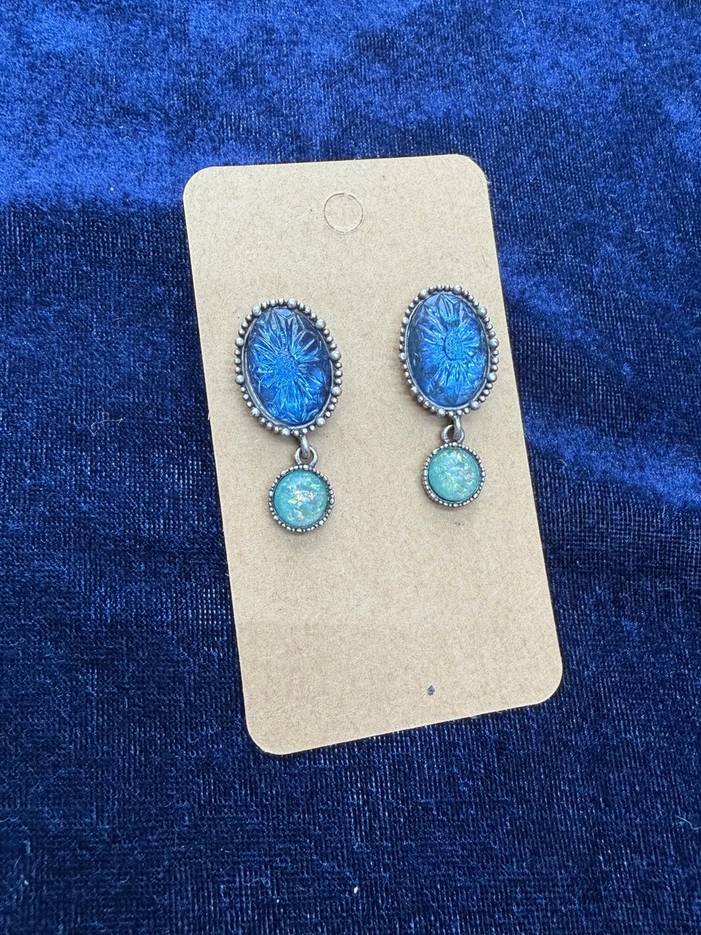 Vintage Signed Avon NR Nina Ricci Blue Lucite Faux Opal Dangle Earrings